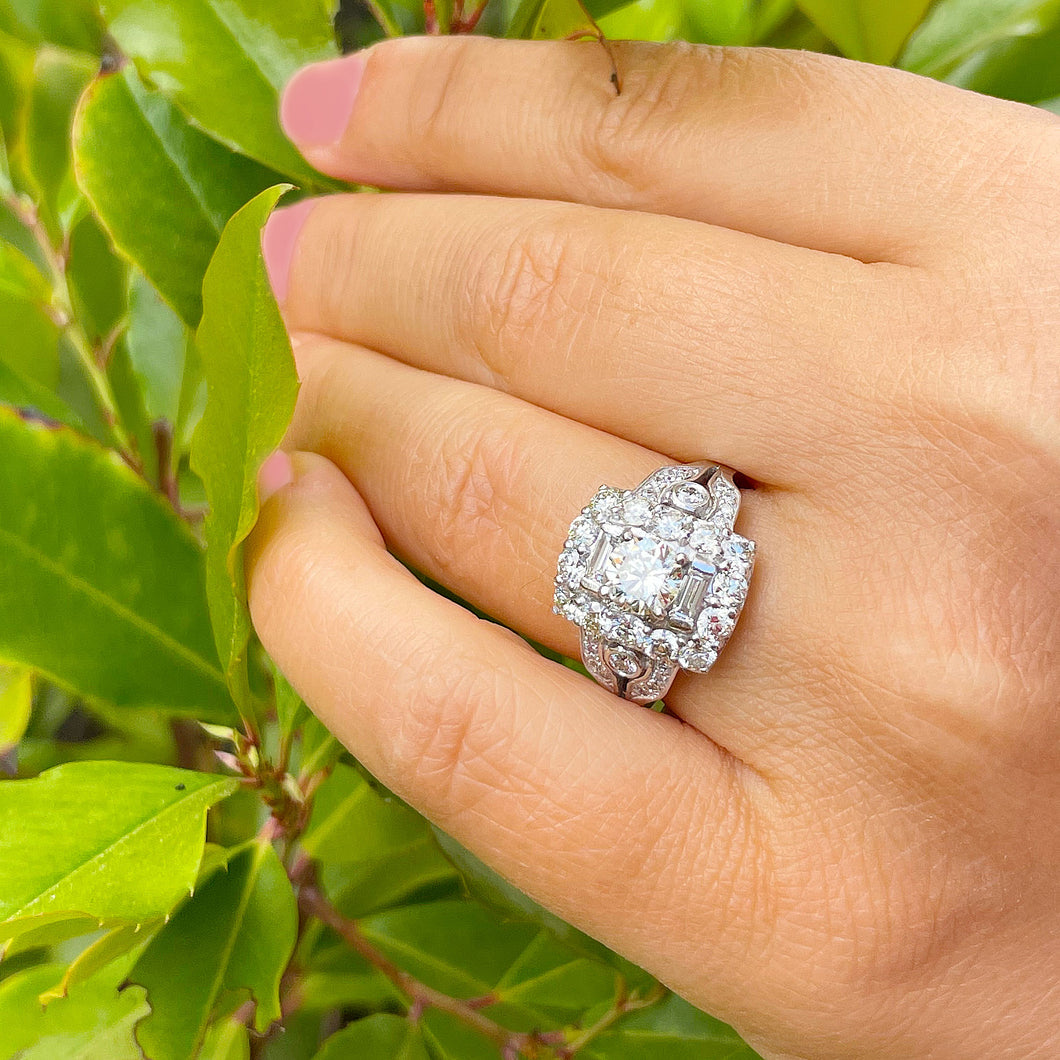 14K Solid And Heavy White Gold Round Cut And Baguettes Cut Natural Diamond Engagement Ring Antique Style 2.50ctw