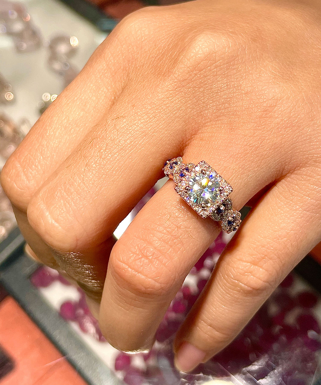GIA/IGI Certified 14K Rose Gold Round Cut Diamonds And Sapphire Halo Engagement Ring Bridal Wedding Propose Ring 2.00ctw F-VS2