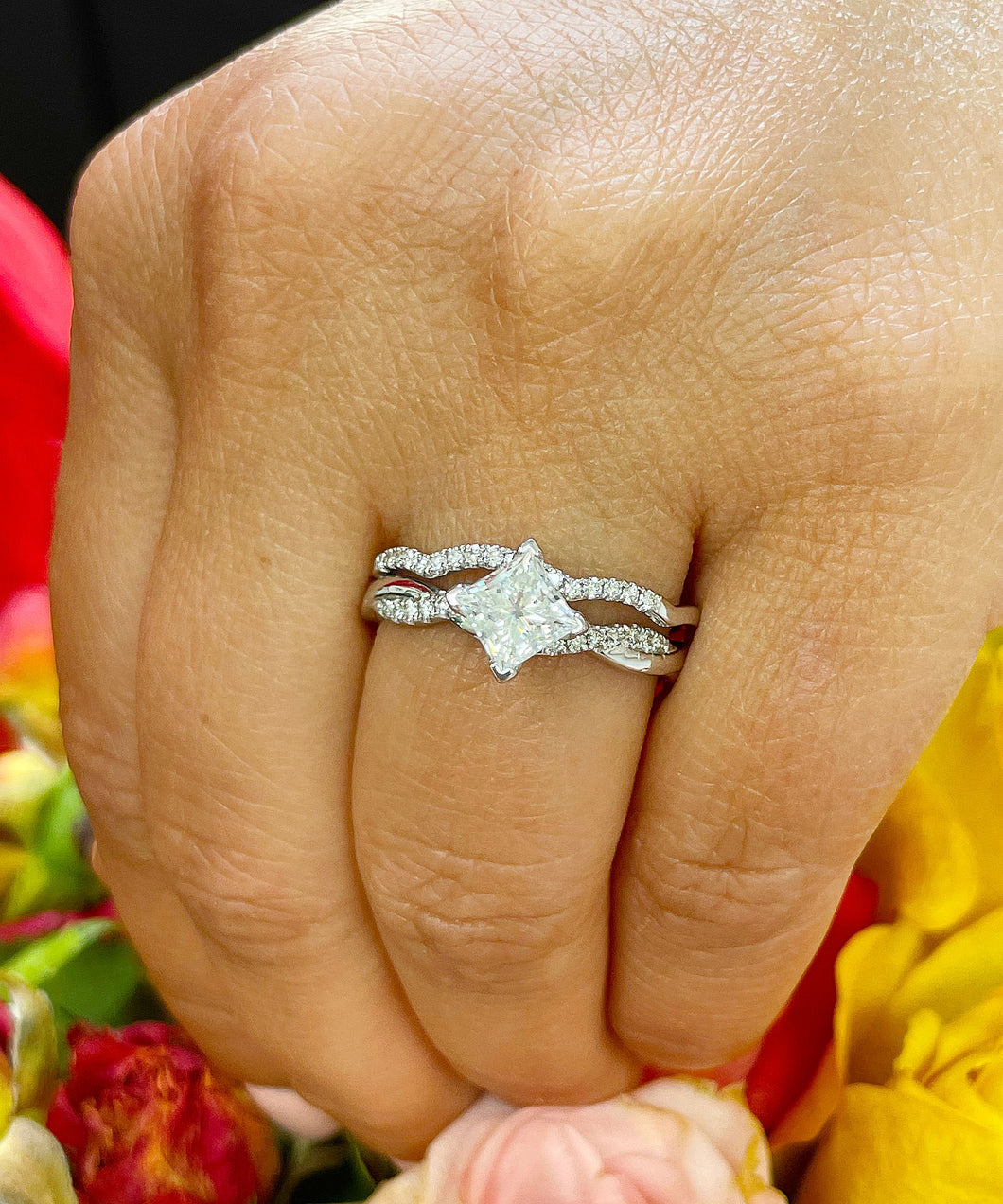 GIA/IGI Certified 14K Solid White Gold Princess Cut Diamond Engagement Ring And Band Bridal Set Wedding  1.35ctw F-VS2