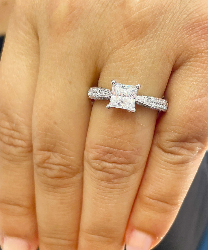 Princess & Round Natural Diamond Art Deco Engagement Ring 14K White Gold 2.40 CTW