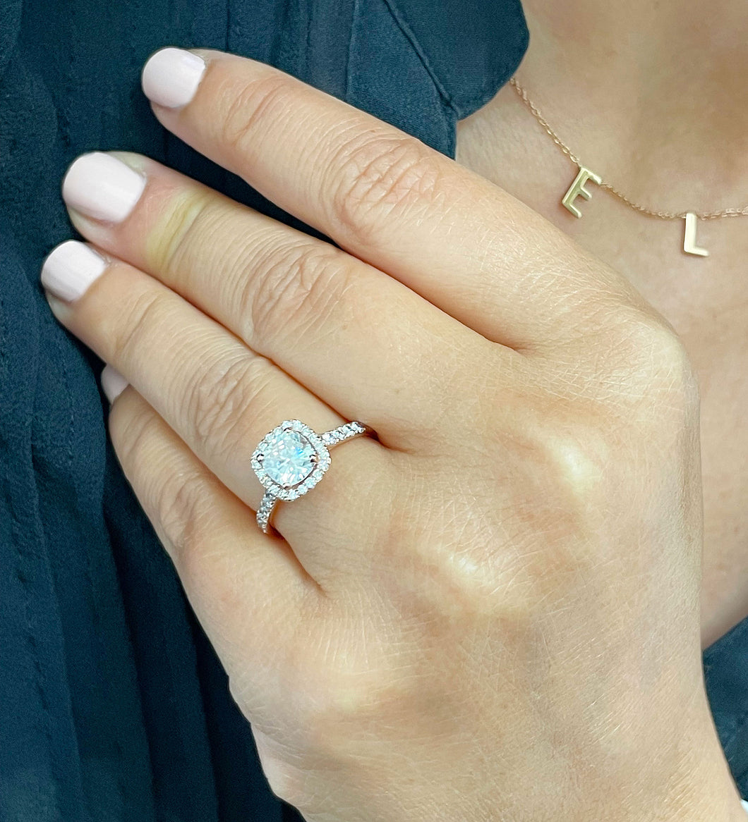 14k Solid Rose Gold Cushion Cut and Round Cut Natural Diamond Engagement Ring Halo Bridal Prong Set 1.60ctw