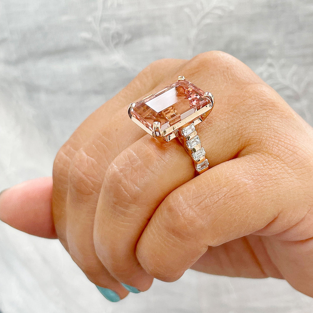Huge 14K Solid Rose Gold Emerald Cut Natural Peach Morganite and Emerald cut Natural Diamonds Engagement Ring Bridal Wedding 13.50ctw