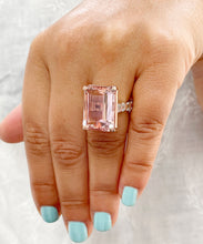 Load image into Gallery viewer, Huge 14K Solid Rose Gold Emerald Cut Natural Peach Morganite and Emerald cut Natural Diamonds Engagement Ring Bridal Wedding 13.50ctw
