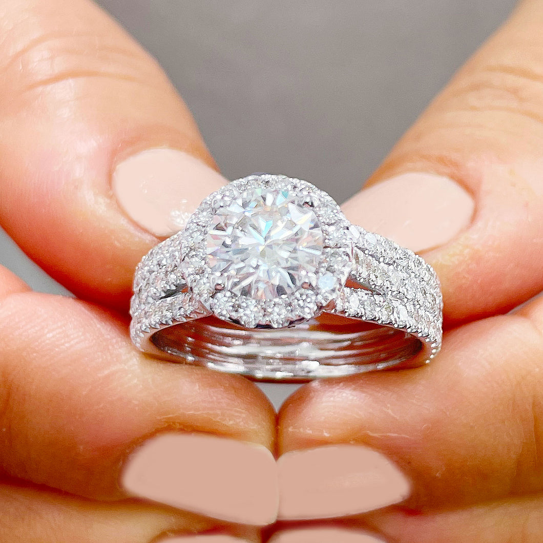 GIA/IGI Certified Triple shank style 14k Solid White Gold Round Cut Diamond Engagement Ring Halo, Bridal, Wedding 2.40ctw F-VS2
