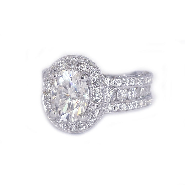 Oval Cut Moissanite & Natural Diamond Art Deco Halo Engagement Ring 14K White Gold 4.00 CTW