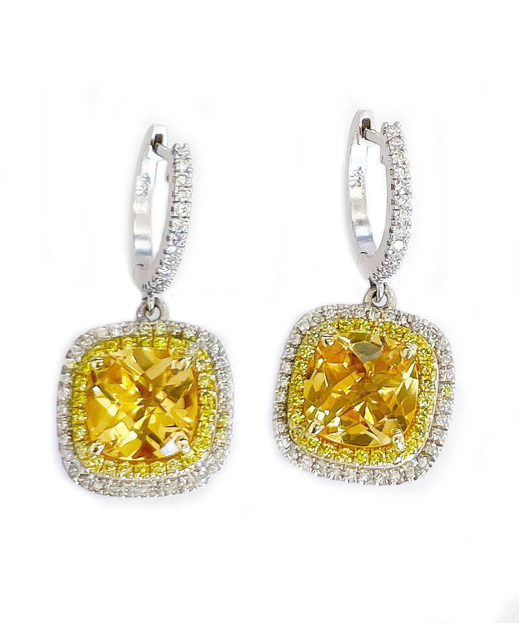 14K Solid White And Yellow Gold Round Cut Natural Yellow Citrine And Natural Diamonds Dangling Earrings Double Halo Style 5.00ctw