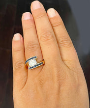 Load image into Gallery viewer, 14K Solid Heavy Yellow Gold Emerald Cut Forever One Moissanite And Princess Cut Natural Sapphires Engagement Ring Semi Tension Set 3.50ctw
