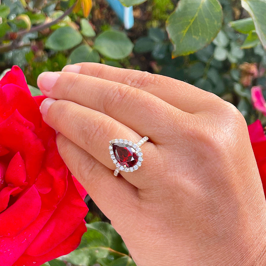 14K Solid Yellow Gold Natural Garnet Pear Shape And Round Cut Natural Diamonds Engagement Ring Halo 3.80ct