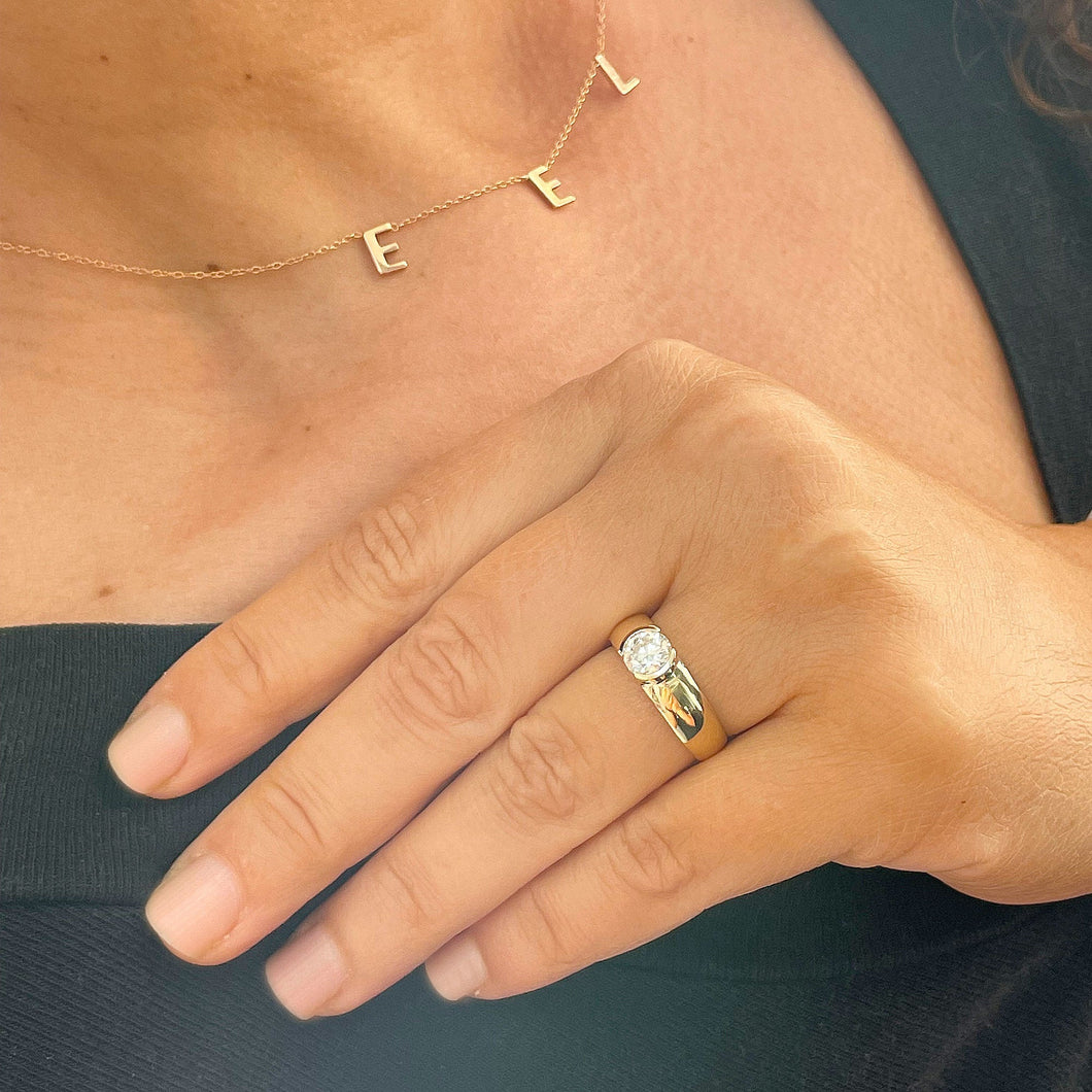 14k Solid Yellow Gold Round Cut Moissanite Engagement Ring Semi Bezel Set, Bridal, Wedding 0.90ct
