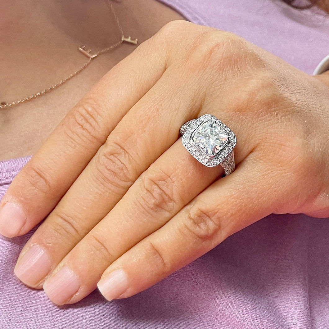 14k Solid White Gold Cushion Cut Moissanite and Diamond Bezel Engagement Ring Bridal Halo, Wedding, Anniversary 4.80ctw