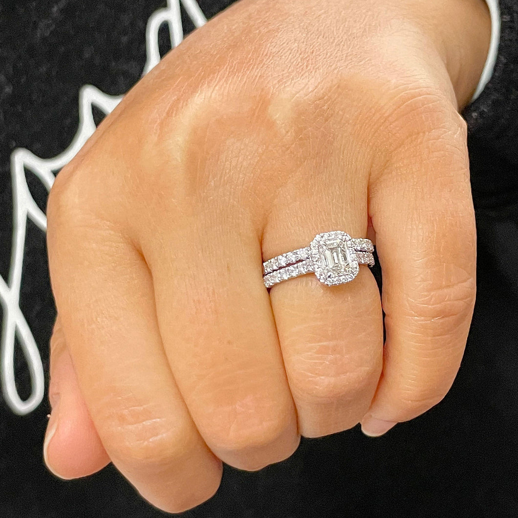 14k White Gold Emerald Cut Moissanite And Round Cut Natural Diamond Engagement Ring Halo Wedding, Bridal, Deco 1.80ct