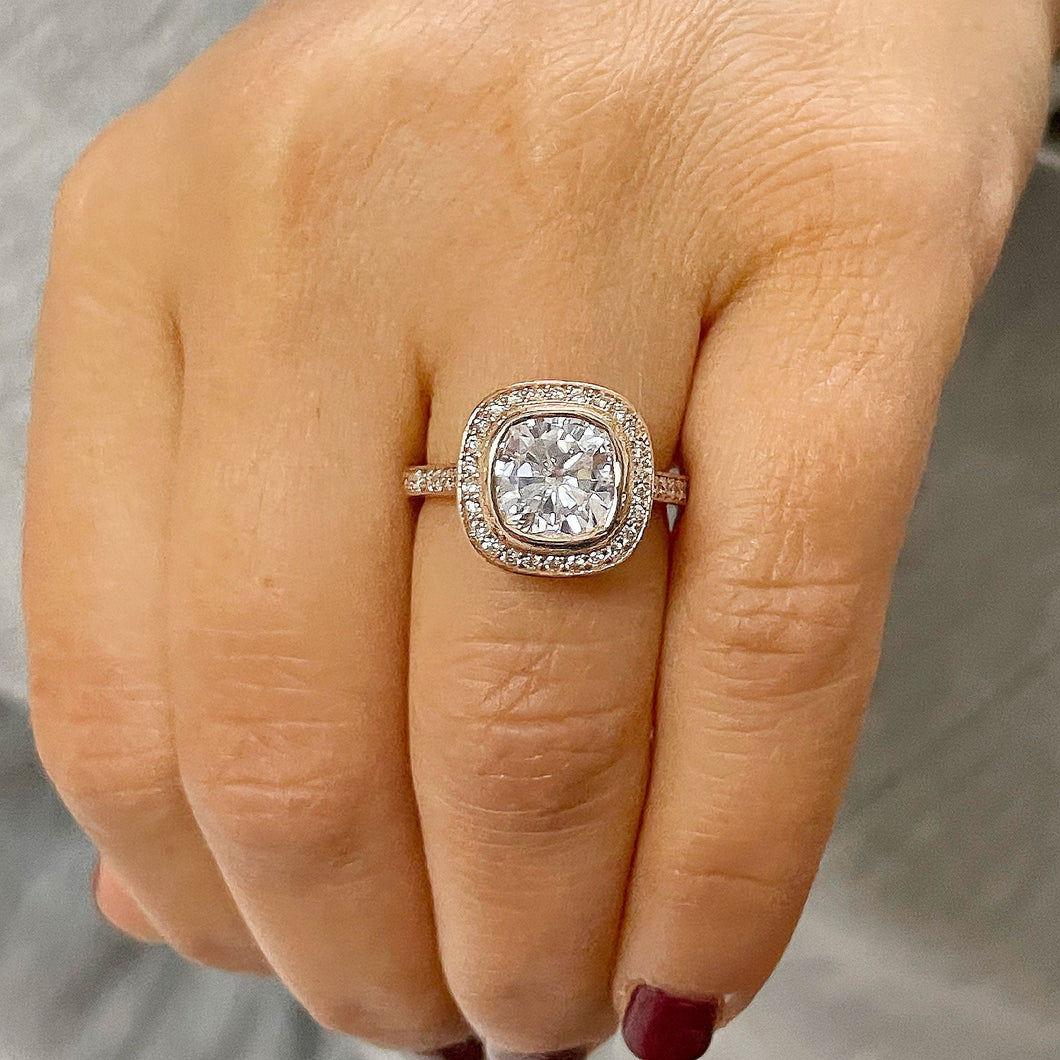 GIA/IGI Certified 14k Rose Solid Gold Cushion And Round Cut Diamond Engagement Ring Bezel Set, Bridal, Wedding, Deco 2.50ct