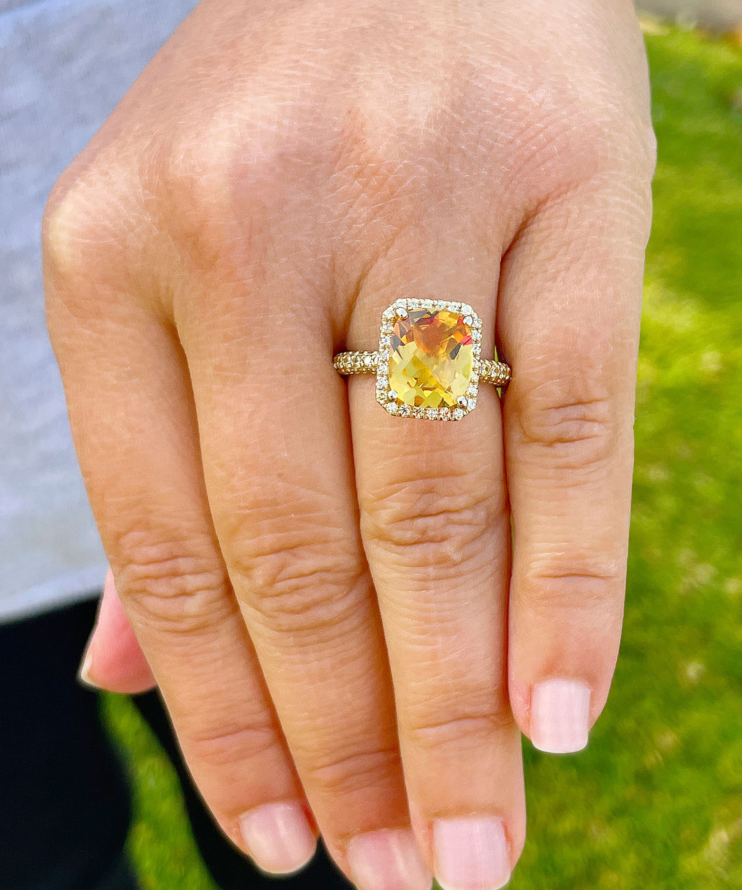 14K Solid Yellow Gold Natural Cushion Cut Yellow Citrine And Natural Yellow Sapphire Sides Engagement Ring Prong Set Halo 4.75ctw