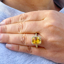 Load image into Gallery viewer, 14K Solid Yellow Gold Natural Cushion Cut Yellow Citrine And Natural Yellow Sapphire Sides Engagement Ring Prong Set Halo 4.75ctw
