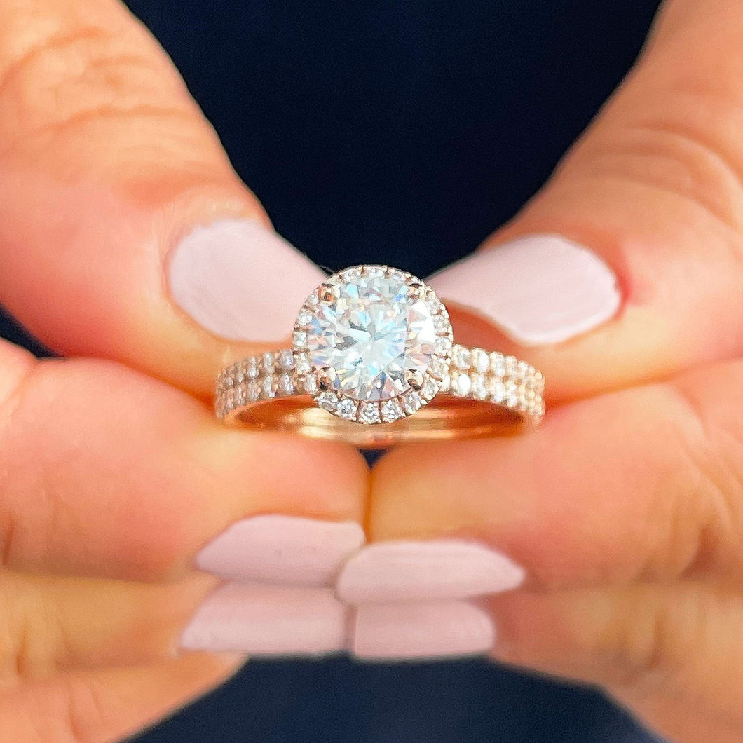GIA/IGI Certified 14k Solid Rose Gold Round Cut Diamond Engagement Ring And Band Art Deco Halo Wedding Bridal Set 2.00ctw