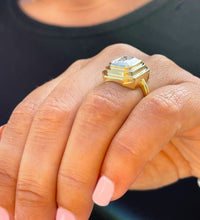 Load image into Gallery viewer, 14K Solid And Heavy Yellow Gold Emerald Cut Moissanite Ring Solitaire Bezel Set 3.50ct
