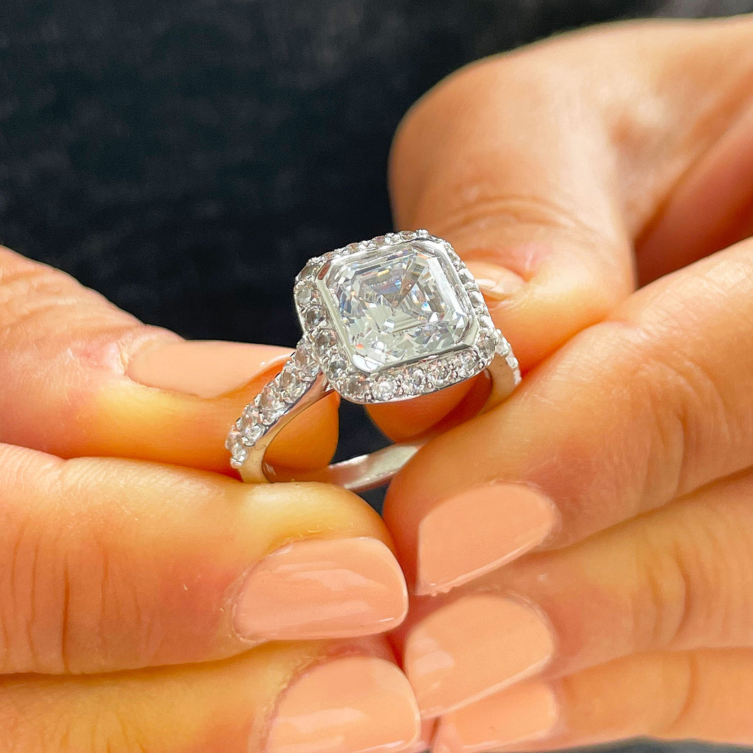 14k White Gold Asscher Cut Forever One Moissanite and Diamond Bezel Engagement Ring Bridal Anniversary Wedding Natural Diamonds 4.00ctw
