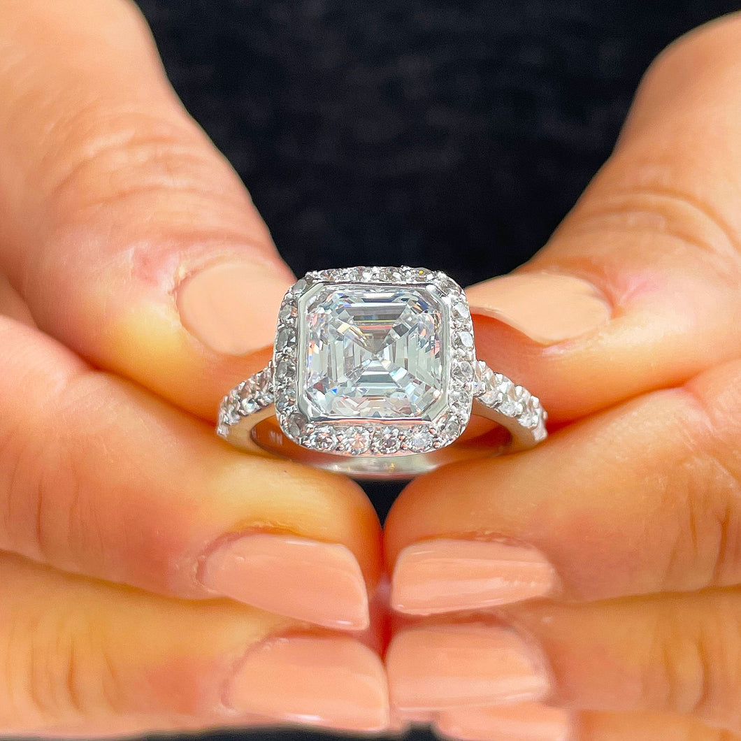 14k White Gold Asscher Cut Moissanite and Diamond Bezel Engagement Ring Bridal Anniversary Wedding Natural Diamonds 4.00ctw