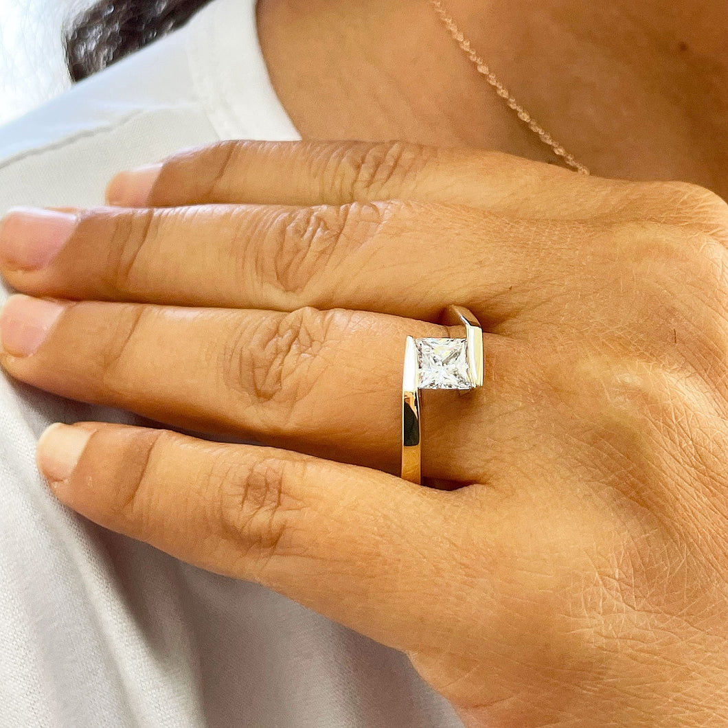 GIA Certified 14k solid yellow gold Princess Cut Diamond Engagement Ring Tension Set Wedding, Anniversary, Bridal 1.20ctw F-VS2