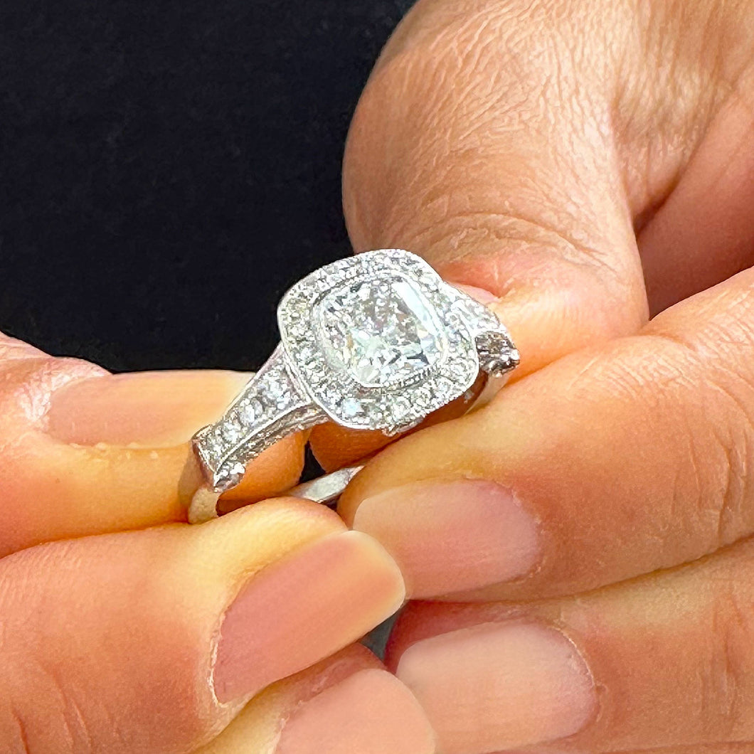 14k Solid White Gold Cushion Cut Moissanite And Natural Diamond Engagement Ring Bezel Bridal Wedding Halo 1.70ctw