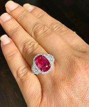 Load image into Gallery viewer, 14K Solid White Gold Oval Shape Ruby and Round And Half Moon Cut Natural Diamonds Engagement Ring Halo Prong Set 5.00ctw
