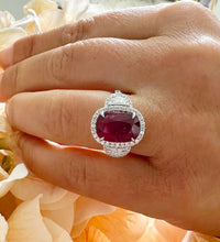 Load image into Gallery viewer, 14K Solid White Gold Oval Shape Ruby and Round And Half Moon Cut Natural Diamonds Engagement Ring Halo Prong Set 5.00ctw
