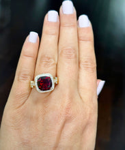 Load image into Gallery viewer, 14k Solid Yellow Gold Cushion Cut Natural Garnet And Round Cut Diamonds Ring, engagement Halo 7.50ctw
