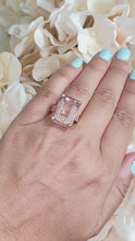 Load and play video in Gallery viewer, Huge 14K Solid Rose Gold Emerald Cut Natural Peach Morganite and Emerald cut Natural Diamonds Engagement Ring Bridal Wedding 13.50ctw
