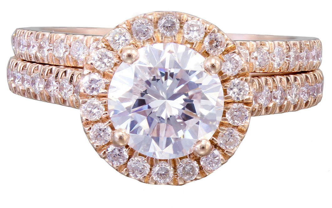 14k Rose Gold Round Cut Diamond Engagement Ring And Band Deco Halo 1.65ctw