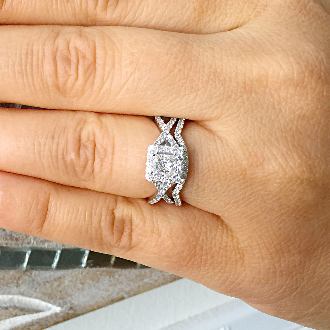 1.25 Carat princess cut diamond engagement ring and band diamonds bridal wedding set halo 14k solid white gold