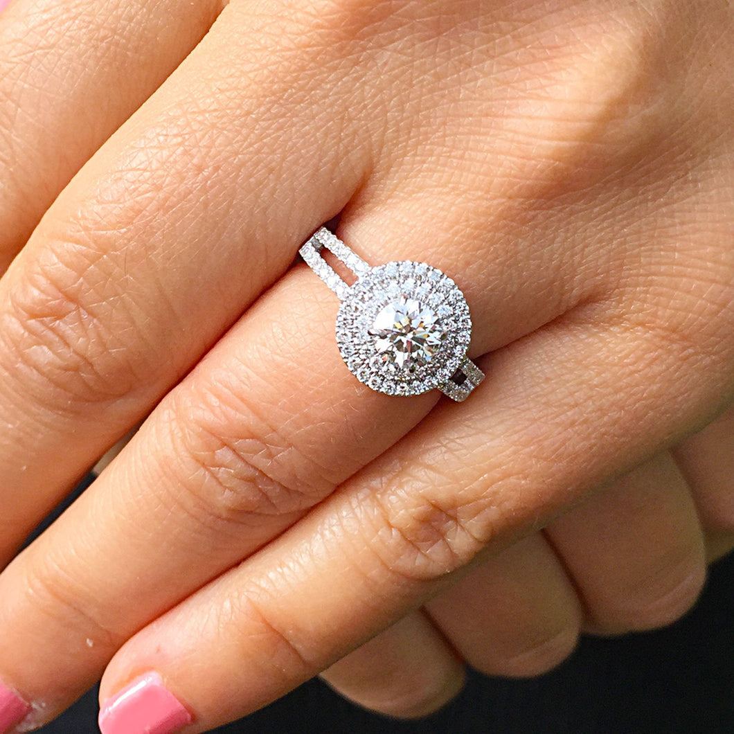 14k solid white gold round cut diamond engagement ring split shank double halo Bridal Wedding Anniversary Natural Diamonds 1.00ctw