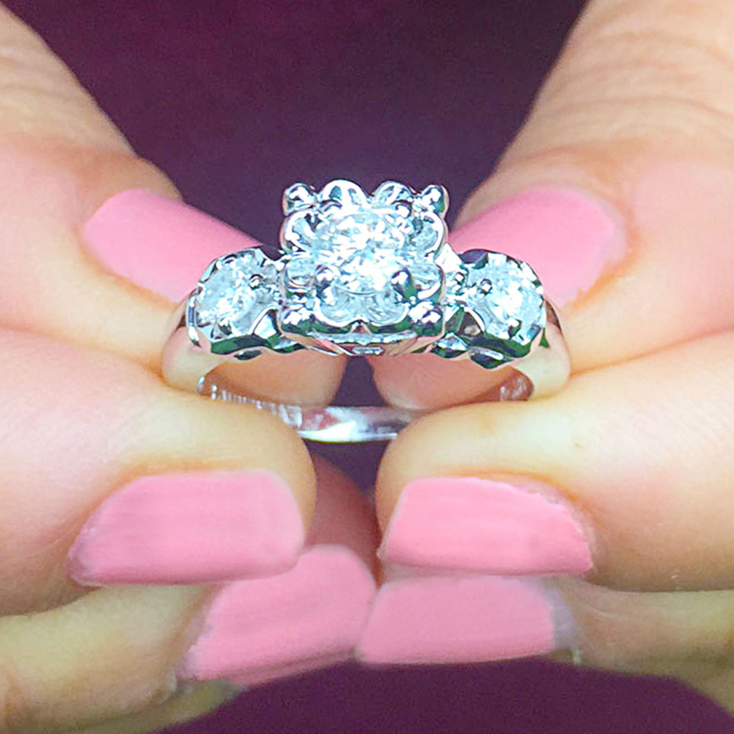 14k White Gold Round Cut Diamond Engagement Ring Art Deco Antique Style, Bridal, Prong Set, Natural Diamonds, Halo, Three Stone 0.50ct