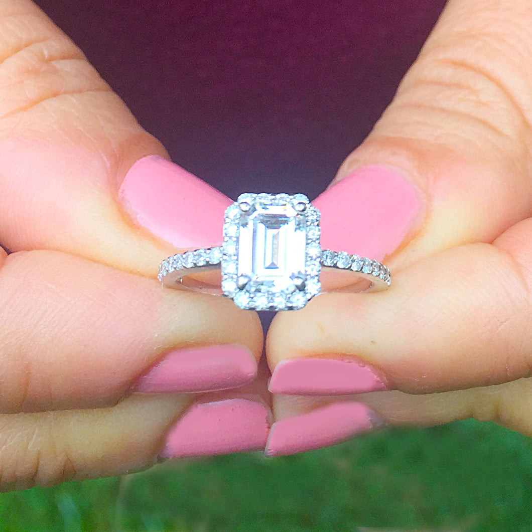 14k solid white gold emerald cut diamond engagement ring 1.50ctw prong set halo bridal wedding natural diamonds
