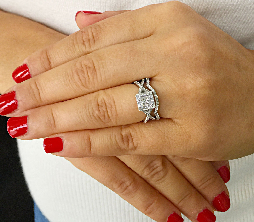 1.50 Carat princess cut diamond engagement ring and band natural diamonds bridal wedding set halo 14k solid white gold round cut sides
