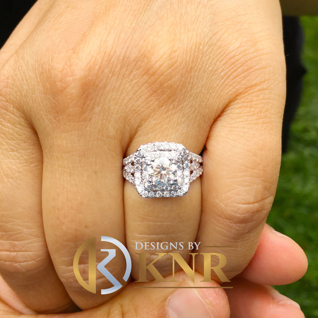 14K White Gold Round Cut Diamond Engagement Ring, Anniversary, Wedding, Double Halo, Prong Set Natural Diamonds 2.00ctw