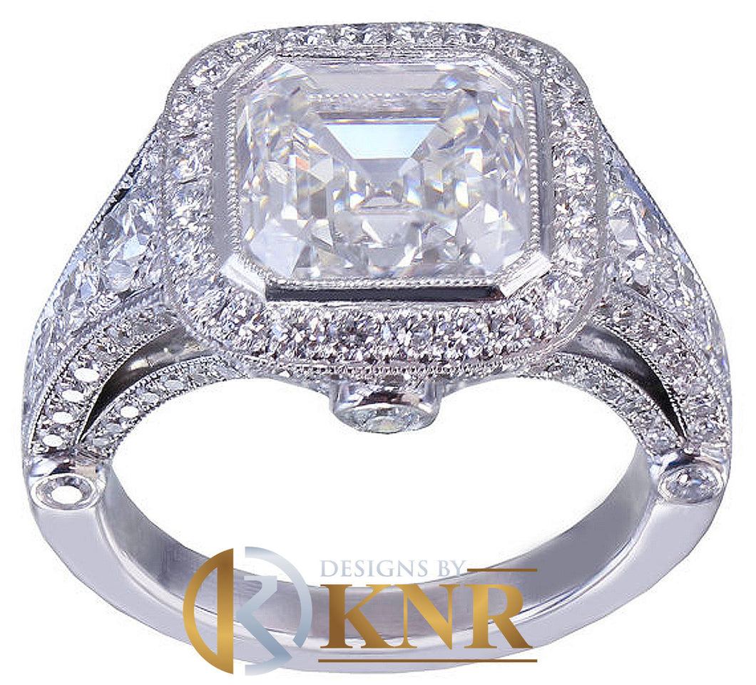 14k Solid White Gold Asscher Cut Forever One Moissanite and Natural Diamond Bezel Engagement Ring Filigree Bridal Wedding Propose 4.30ctw