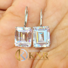 Load image into Gallery viewer, Huge 7 Carat Emerald Cut Moissanite Earrings Prong set 14k White Solid Gold Bridal Wedding Engagement French Post Setting
