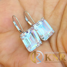 Load image into Gallery viewer, Huge 7 Carat Emerald Cut Moissanite Earrings Prong set 14k White Solid Gold Bridal Wedding Engagement French Post Setting
