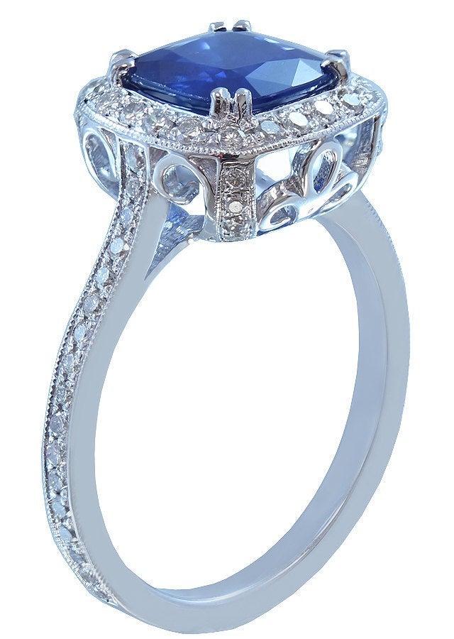 14k solid white gold natural cushion cut sapphire and natural diamond deco antique style ring 3.00ctw