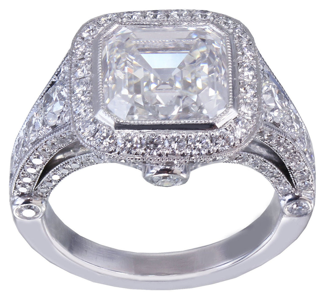 Solid Platinum 950 Asscher Cut Forever One Moissanite and Diamond Bezel Engagement Ring Bridal Halo, Wedding, Anniversary 3.30ctw