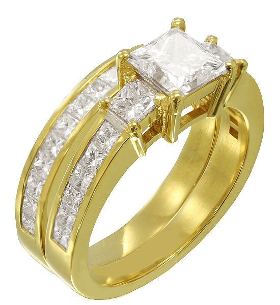 14k yellow gold princess cut diamond engagement ring and band 2.60ctw