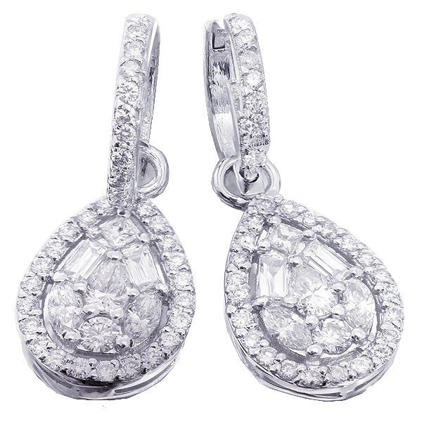 14k white gold round baguettes pear marquise cut diamonds earrings Bridal Wedding Anniversary Halo Natural Diamonds 2.00ctw