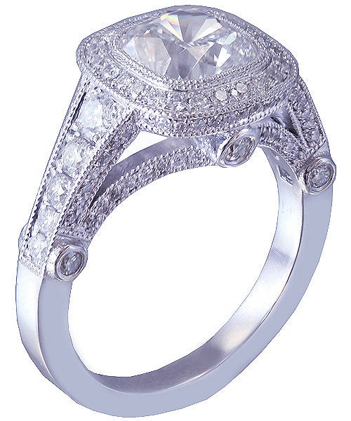 18k white gold cushion cut forever one moissanite and diamond engagement ring bezel set 2.40ct