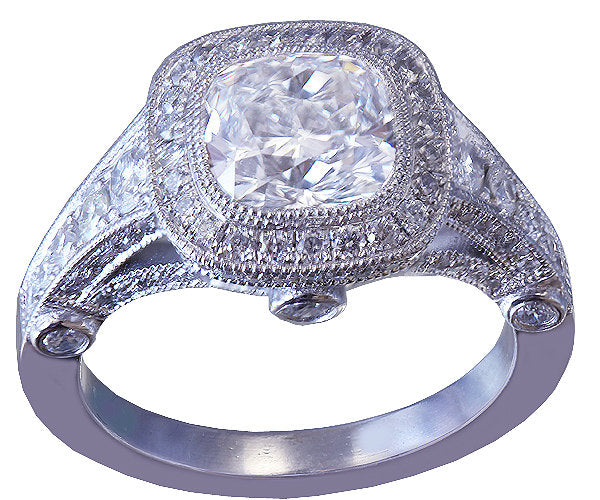 18k white gold cushion cut diamond engagement ring bezel set 2.40ct h-vs2 egl us