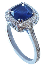 Load image into Gallery viewer, 14k solid white gold natural cushion cut sapphire and natural diamond deco antique style ring 3.00ctw
