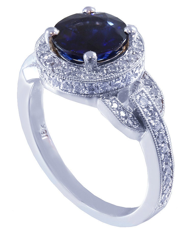 14k solid white gold round cut natural sapphire and natural diamond art deco engagement ring halo 2.40ctw