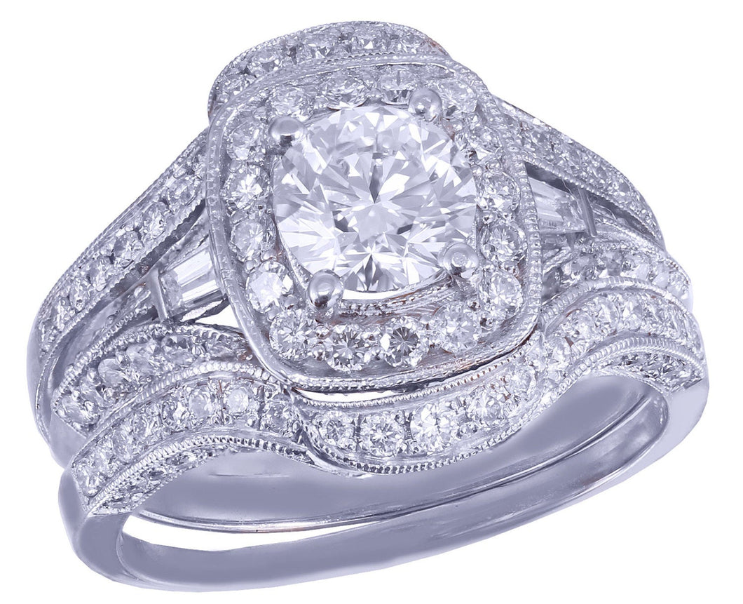14k White Gold Round Cut Diamond Engagement Ring And Bands Halo Filigree 2.50ctw